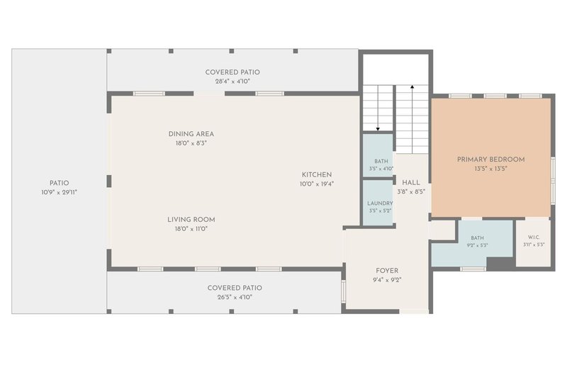 Main floor plan: great room, kitchen, primary bedroom with bath, half bath, laundry and patios