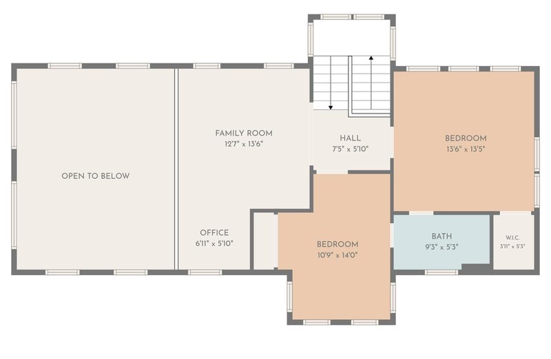 Upper floor plan: family room with office nook, two bedrooms, full bath and walk in closet